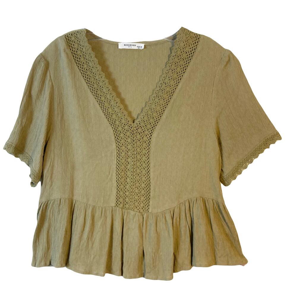 NWOT RESERVED YFL Top Women UK10/US 6 Khaki Crochet V Jacquard Crinkle Peplum